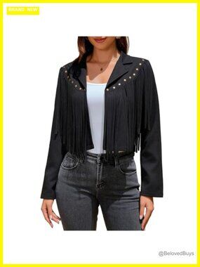 Faux Suede Leather Fringe Jacket Cropped Tassel Motorcycle Open Front Western